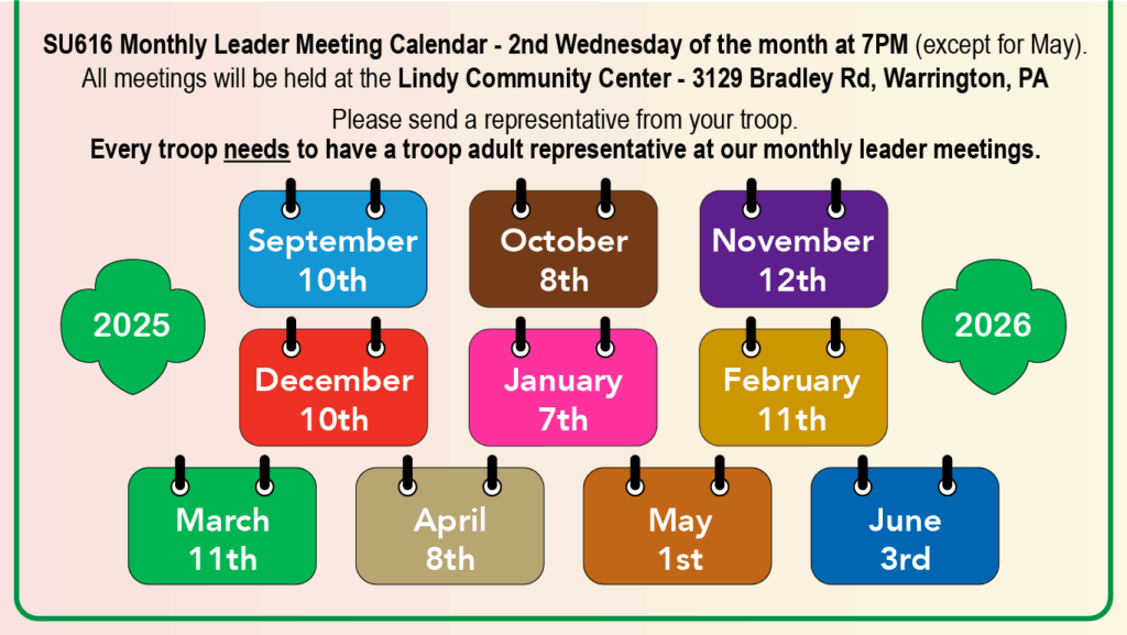 SU616 Monthly Leader Meeting Calendar for the 2025-2026 Girl Scouting Year